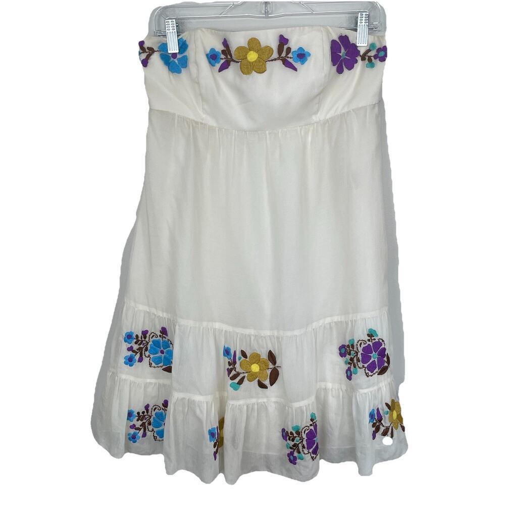 Tibi New York Strapless Mini Dress Women's Size 8 Ivory Silk Cotton Embroidered
